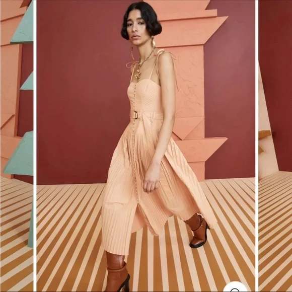 NWT Ulla Johnson Cosette Pleated Poplin Midi Dress w/Pockets Pale Peach Size 2 - Picture 4 of 13